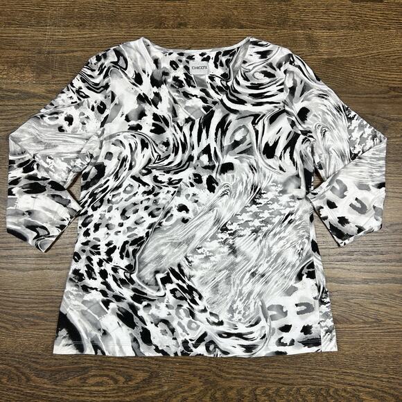Chicos Shirt Women Medium | 1 Black White Animal Print Abstract Artsy 3/4 Sleeve - Picture 1 of 8
